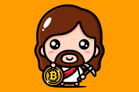 Cute Jesus Holding Bitcoin Coins Illustrations
