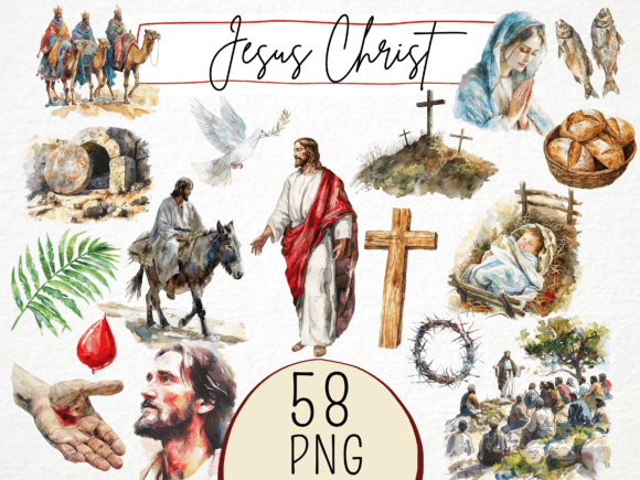 Jesus Christ Watercolor Clipart Bundle and Illustrations