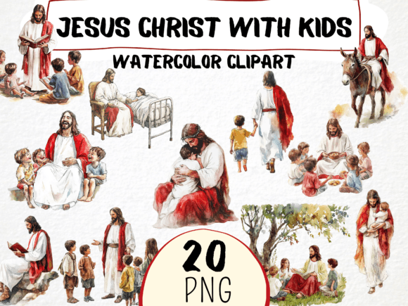 Jesus with Kids Clipart Watercolor Png Teaching Materials