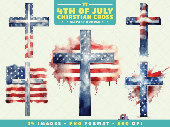 Watercolor 4th of July Christian Cross Illustrations